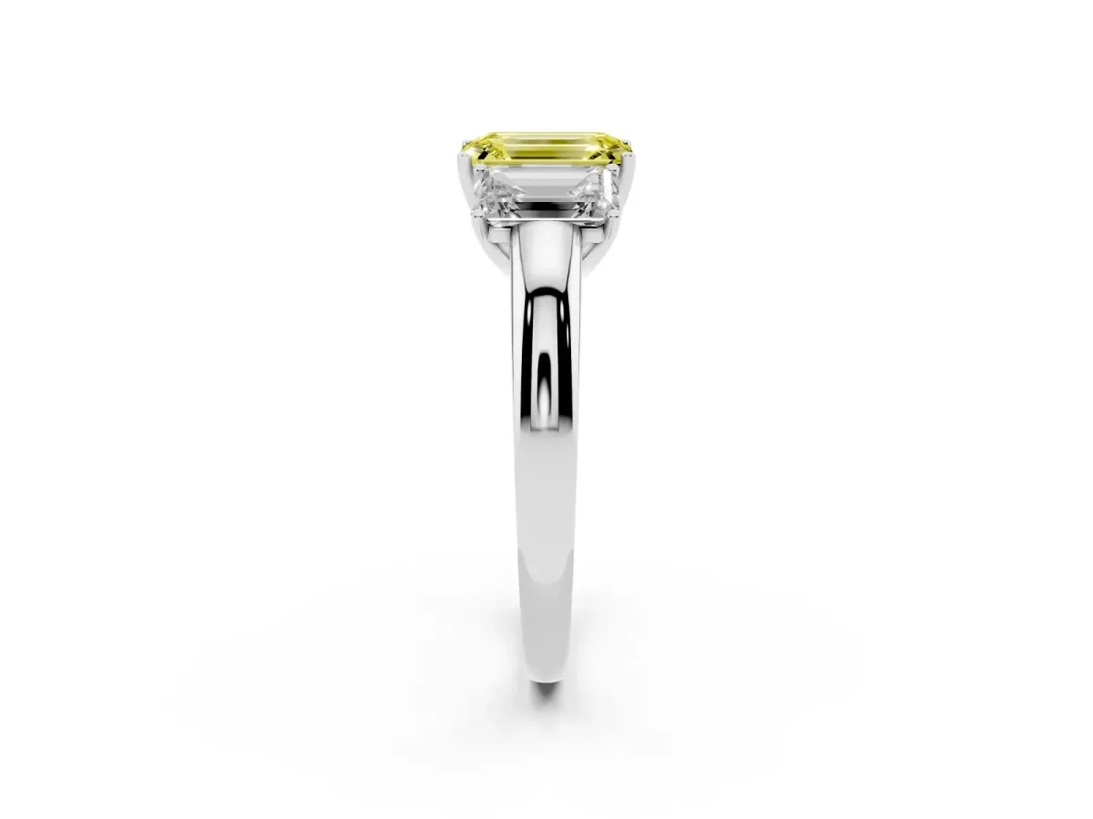 Fancy Yellow Emerald Cut Diamond Three-Stone Ring with Four-Prong Setting and Classic Band Silver