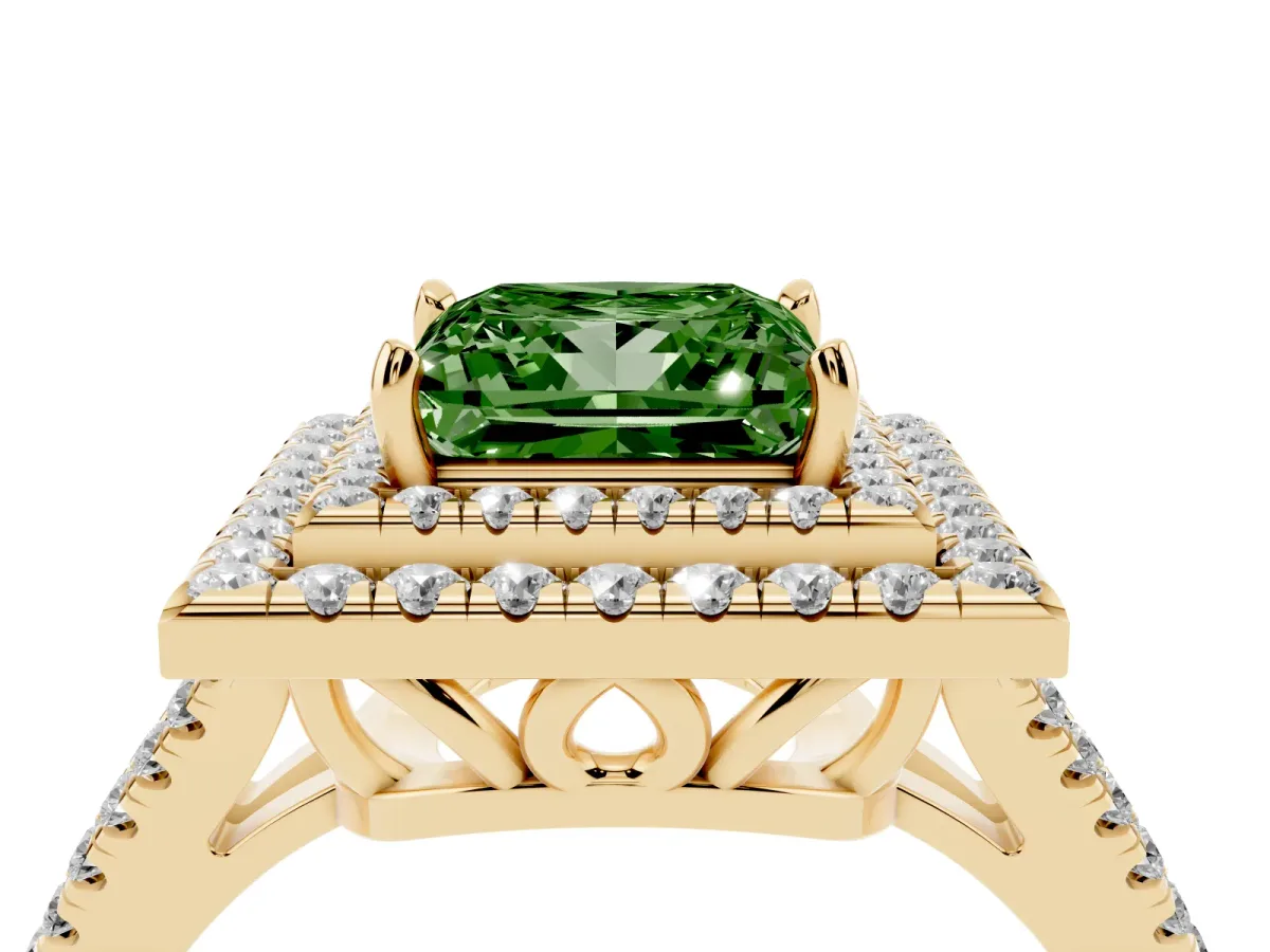 Fancy Green Princess Cut Diamond Double Halo Ring with Pavé Band and Prong Setting Yellow gold