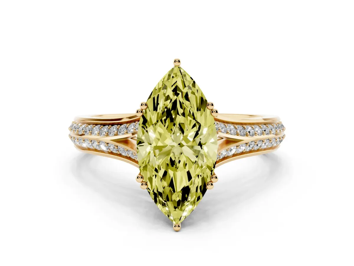 Fancy Yellow Marquise Cut Diamond Split Shank Engagement Ring with Pavé Band Yellow gold