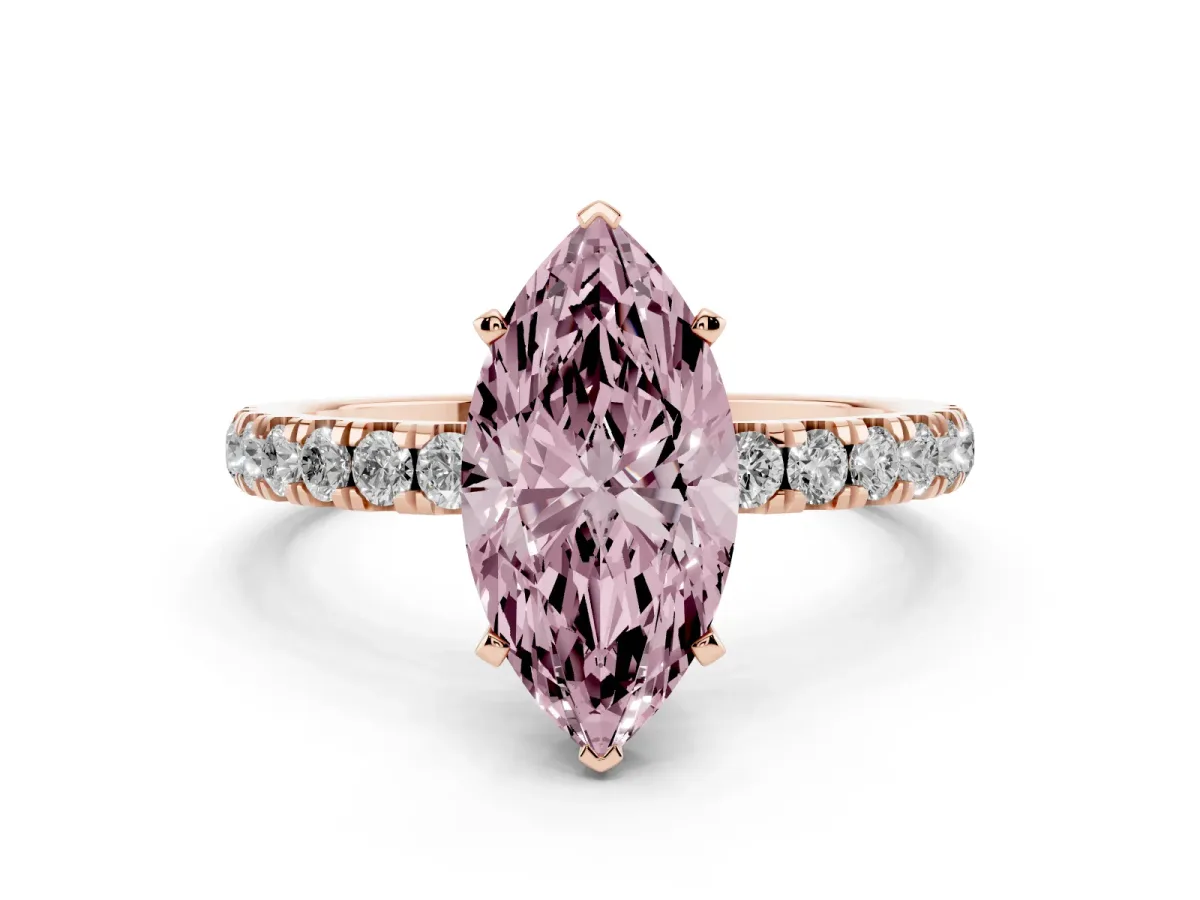 Fancy Pink Marquise Cut Diamond Solitaire Ring with Pavé Accents and Four-Prong Setting Rose gold
