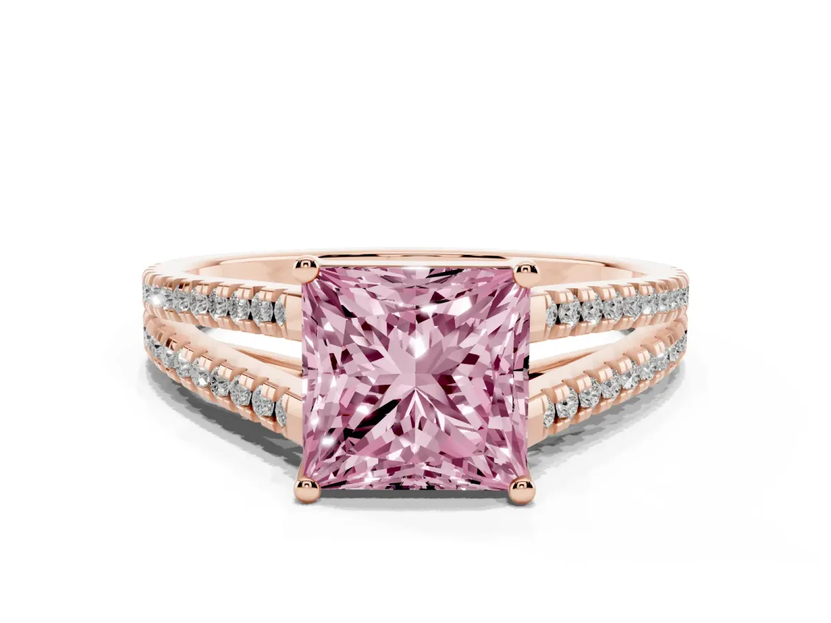 Fancy Pink Princess Cut Diamond Solitaire Engagement Ring with Split Shank Pavé Band Rose gold