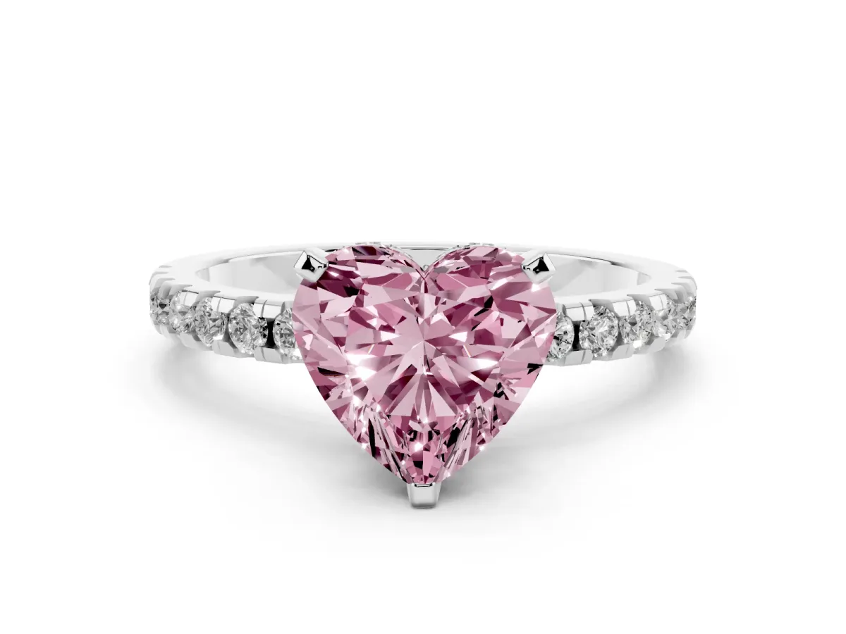 Fancy Pink Heart Cut Diamond Solitaire Ring with Round Pavé Band and Four-Prong Setting Platinum