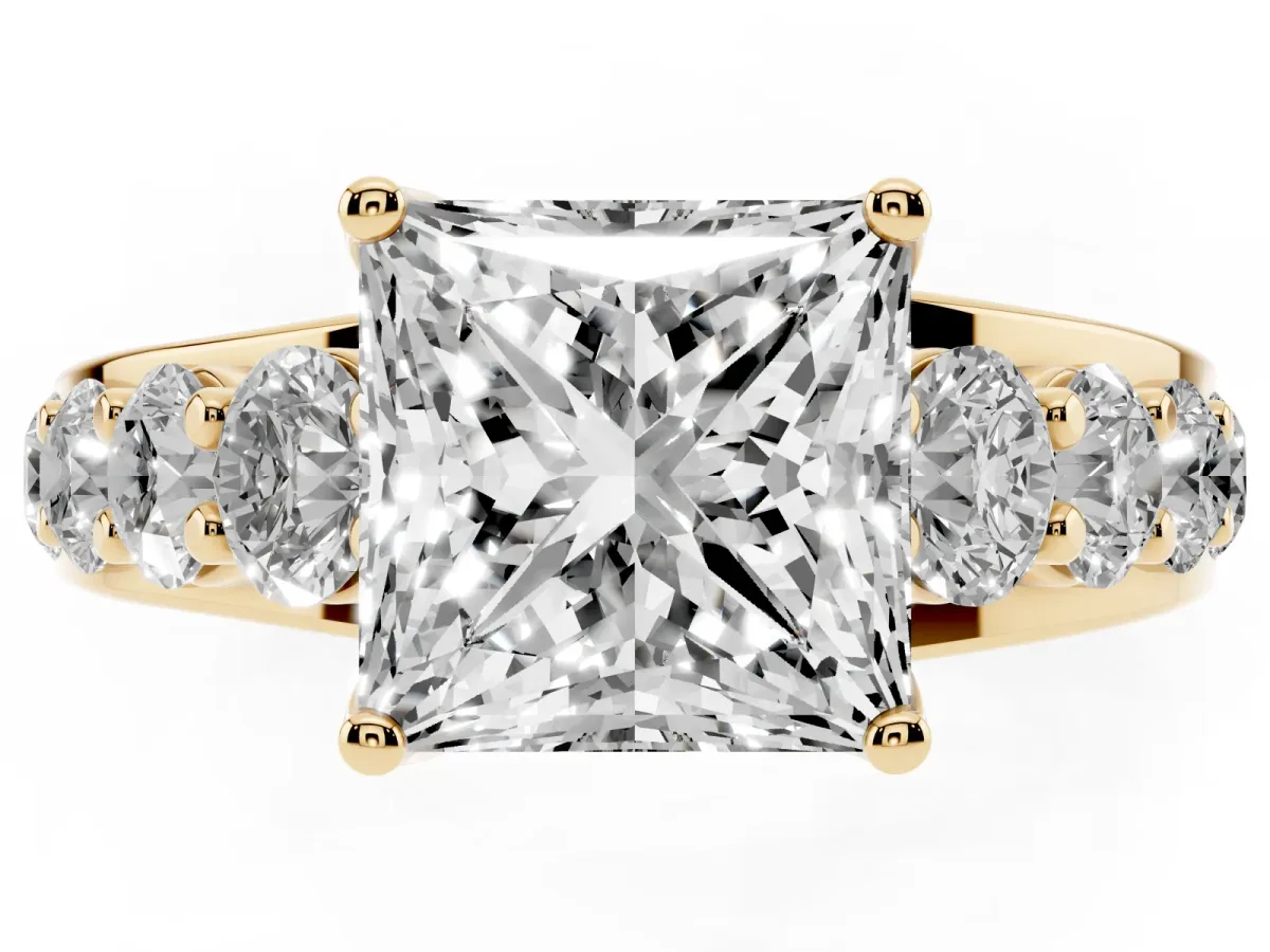 Princess Cut Diamond Engagement Ring with Pavé Band and Four-Prong Setting Yellow gold