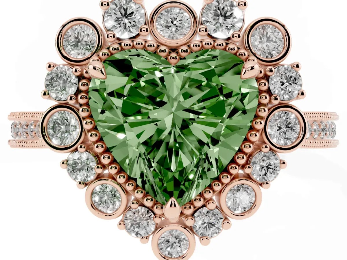Fancy Green Heart Cut Halo Milgrain Pave Diamond Ring with Four-Prong Setting Rose gold