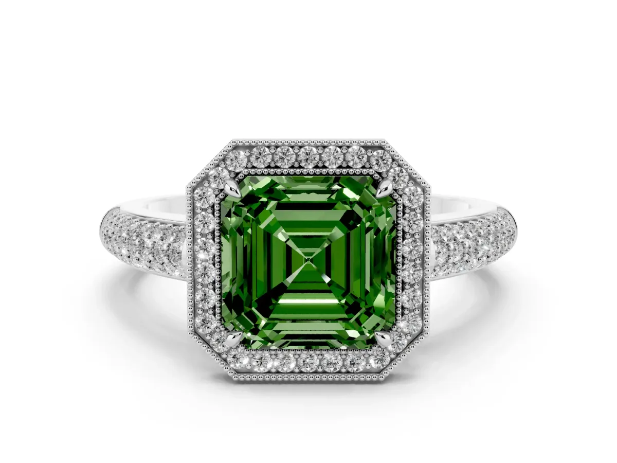 Fancy Green Asscher Cut Cut Halo Diamond Pave Band with Four-Prong Setting Platinum