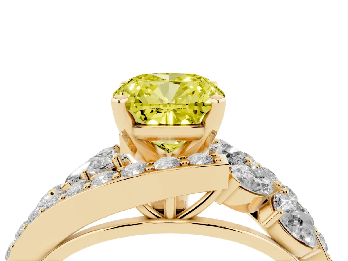 Fancy Yellow Cushion Cut Diamond Halo Ring with Marquise and Pavé Band in Prong Setting Yellow gold