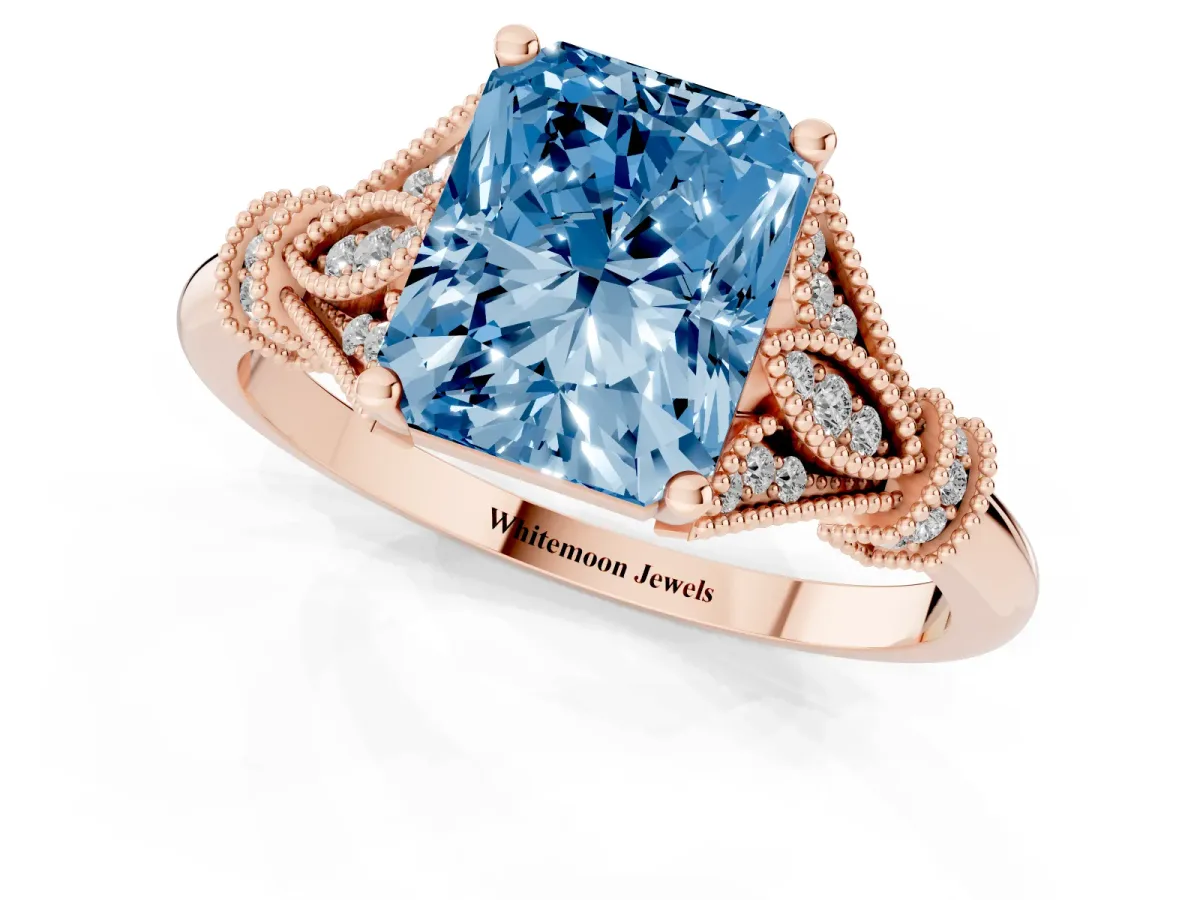 Fancy Blue Radiant Cut Diamond Solitaire Ring with Floral Filigree and Pave Accents Rose gold