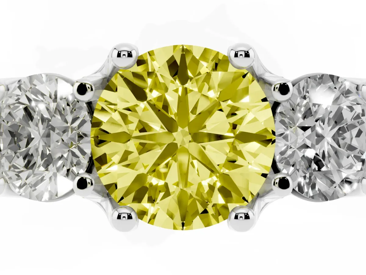 Fancy Yellow Round Cut Diamond Three-Stone Ring with Channel Set Band and Four-Prong Setting Silver