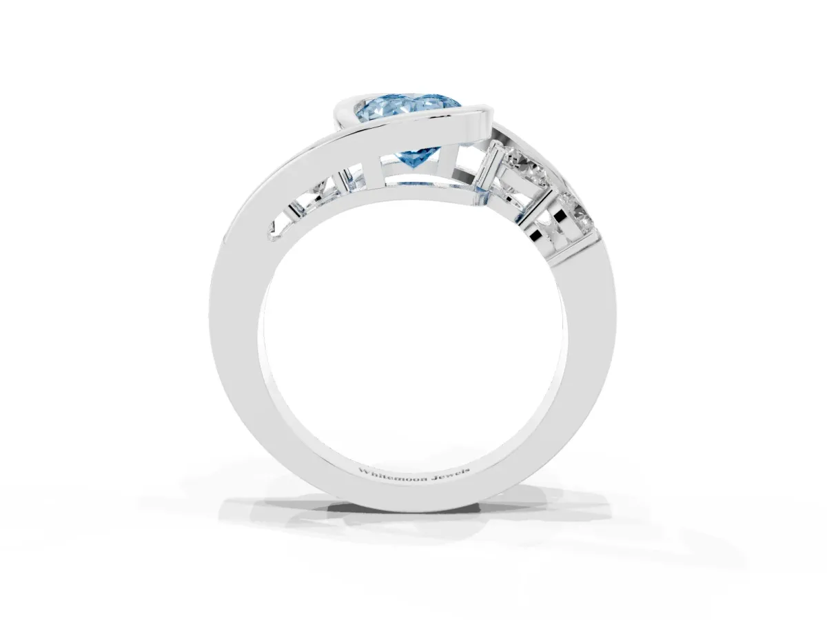 Fancy Blue Bezel Set Oval Cut Diamond Bypass Ring with Round Accents Platinum
