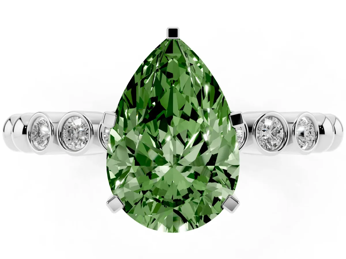 Fancy Green Pear Cut Solitaire Bezel Accent Diamond Engagement Ring with Beaded Band and Four-Prong Setting Platinum