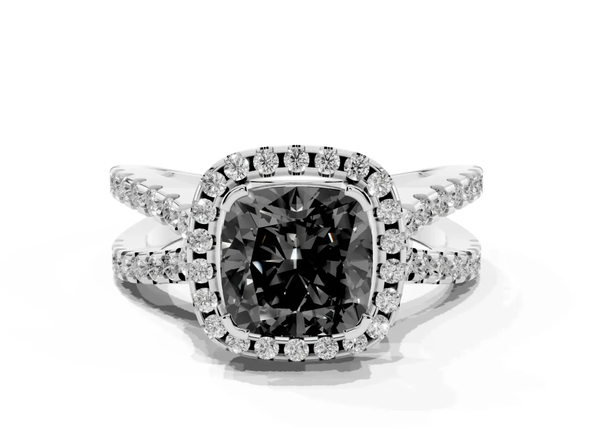 Fancy Black Cushion Cut Diamond Halo Ring with Split Shank Pavé Band and Prong Setting Silver