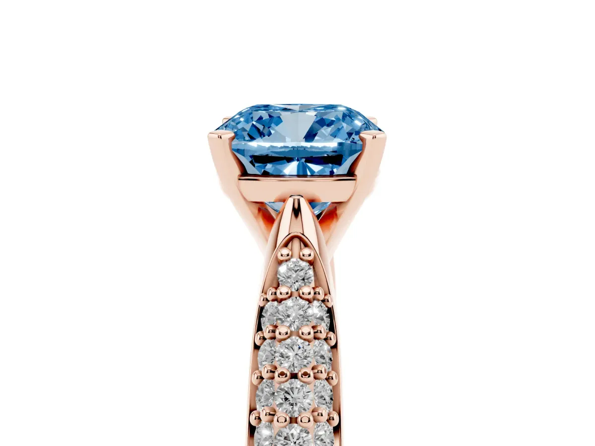 Fancy Blue Cushion Cut Diamond Solitaire Engagement Ring with Multi-Row Round Pavé Band and Prong Setting Rose gold