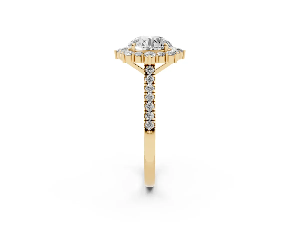 Round Cut Halo Diamond Ring with Pavé Band and Prong Setting Yellow gold