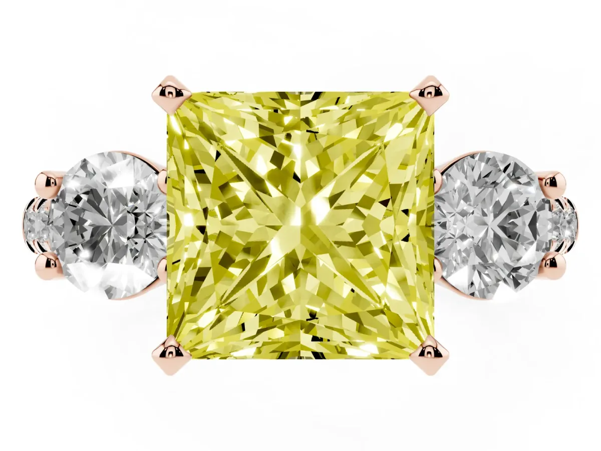 Fancy Yellow Three-Stone Princess Cut Diamond Pavé Band with Four-Prong Setting Rose gold