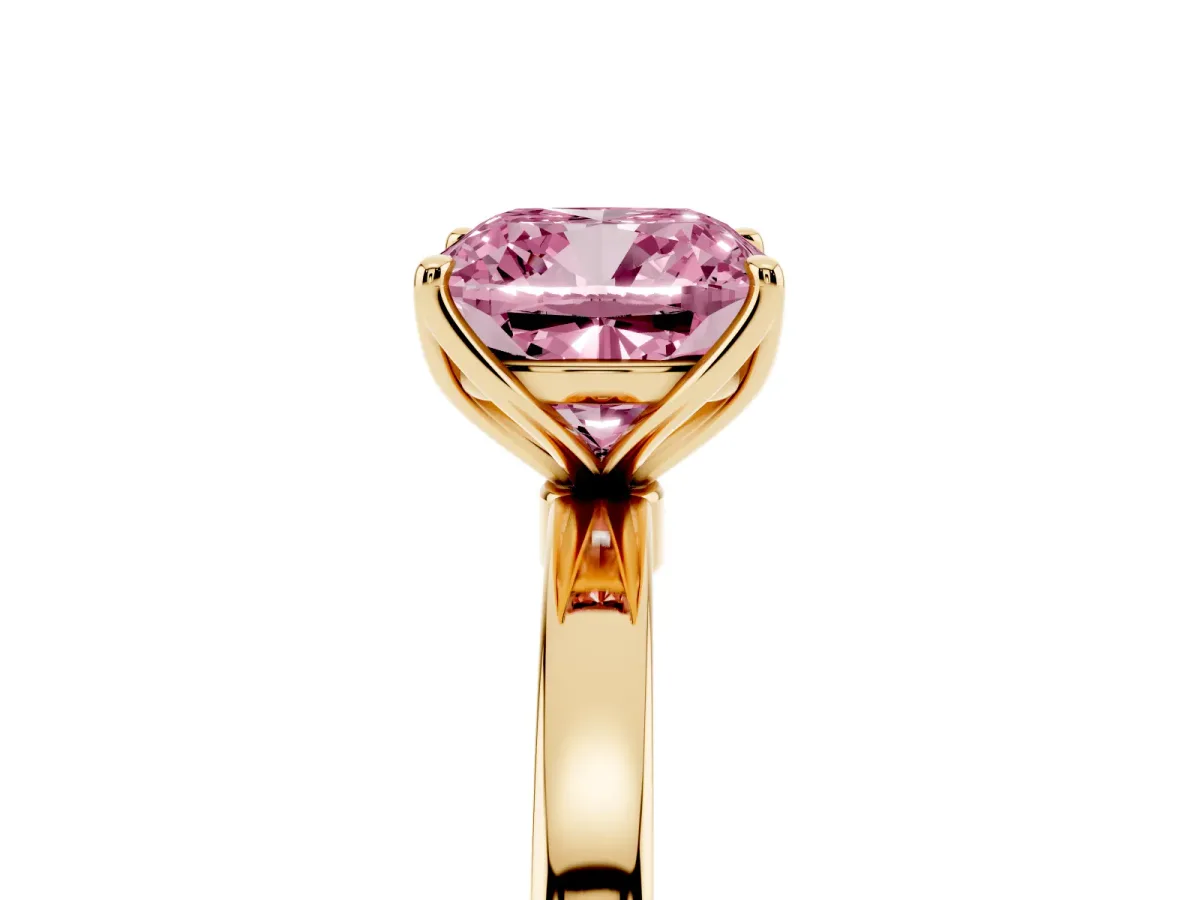 Fancy Pink Cushion Cut Diamond Solitaire Ring with Thin Band and Prong Setting Yellow gold