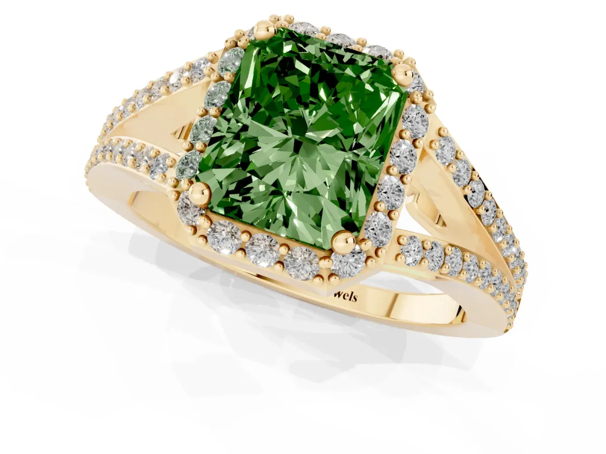 Fancy Green Radiant Cut Halo Split Shank Pave Diamond Ring with Four-Prong Setting Yellow gold