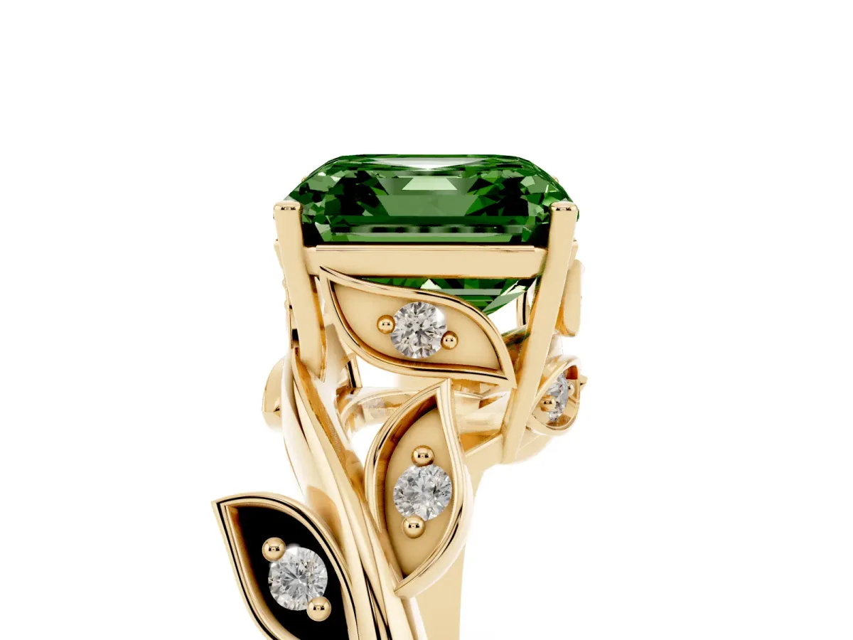 Fancy Green Asscher Cut Solitaire Twist Engagement Ring with Leaf Accents and Prong Setting Yellow gold