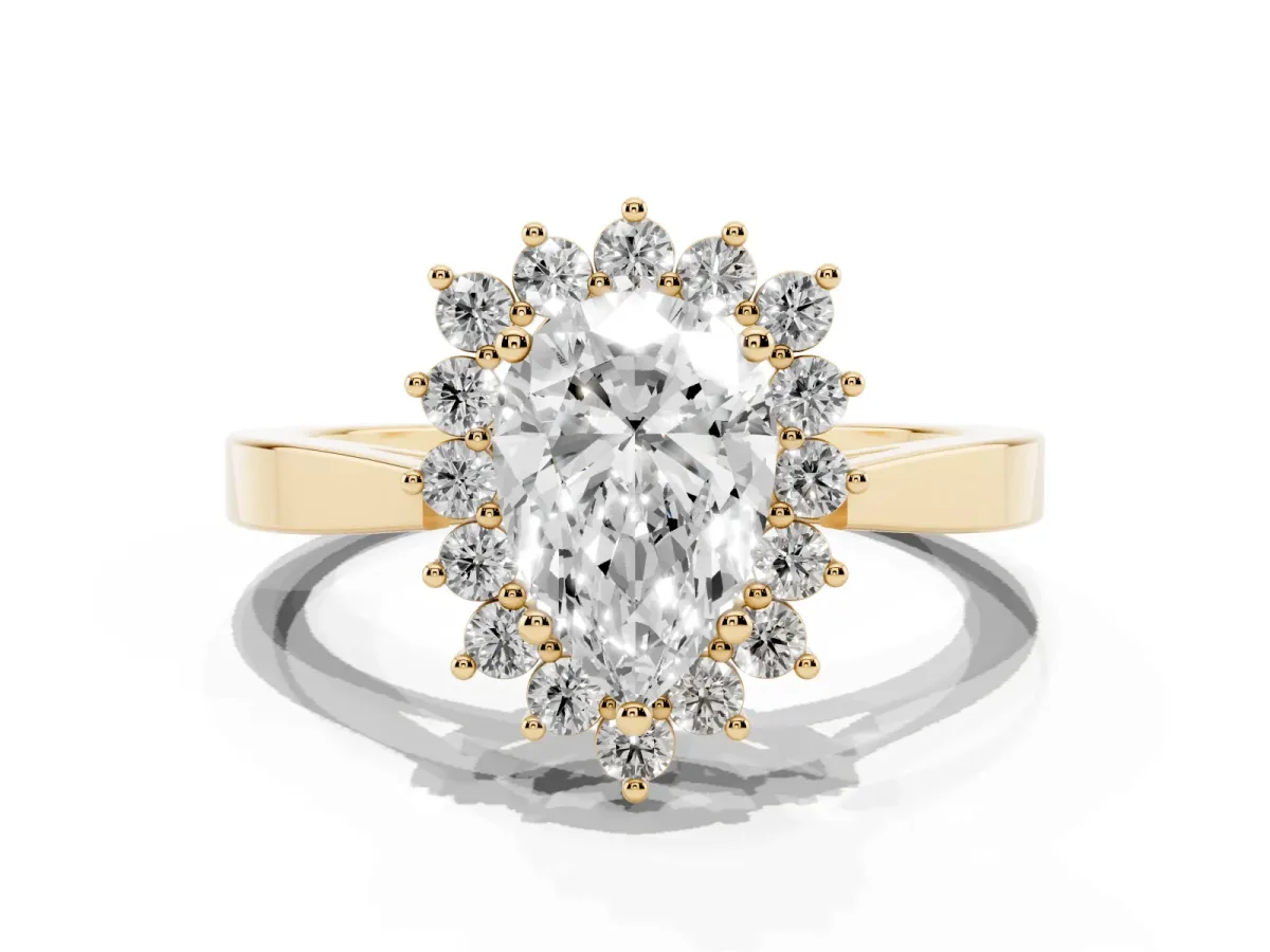 Pear Cut Cut Diamond Halo Ring with Round Brilliant Halo and Solitaire Band Yellow gold