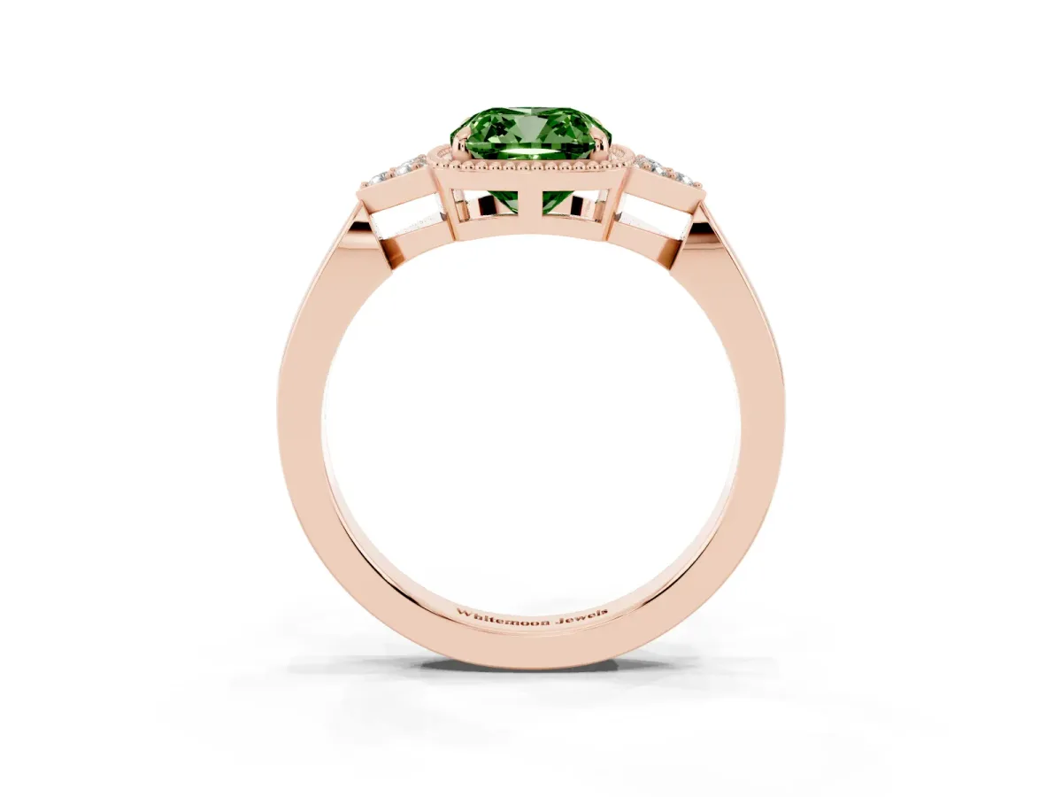 Fancy Green Cushion Cut Diamond Halo Ring with Tapered Band and Four-Prong Setting Rose gold