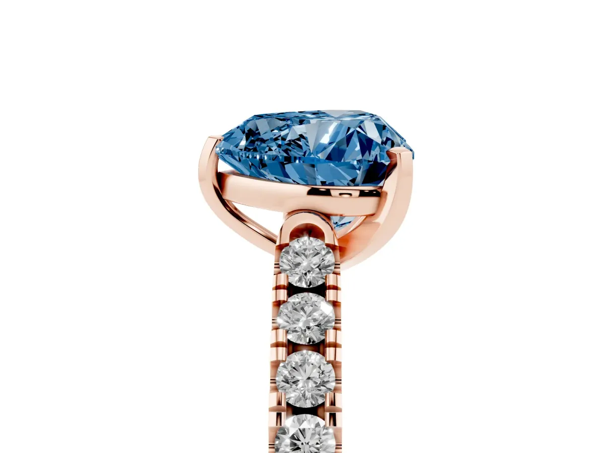 Fancy Blue Heart Cut Diamond Pavé Band Solitaire Ring with Prong Setting Rose gold