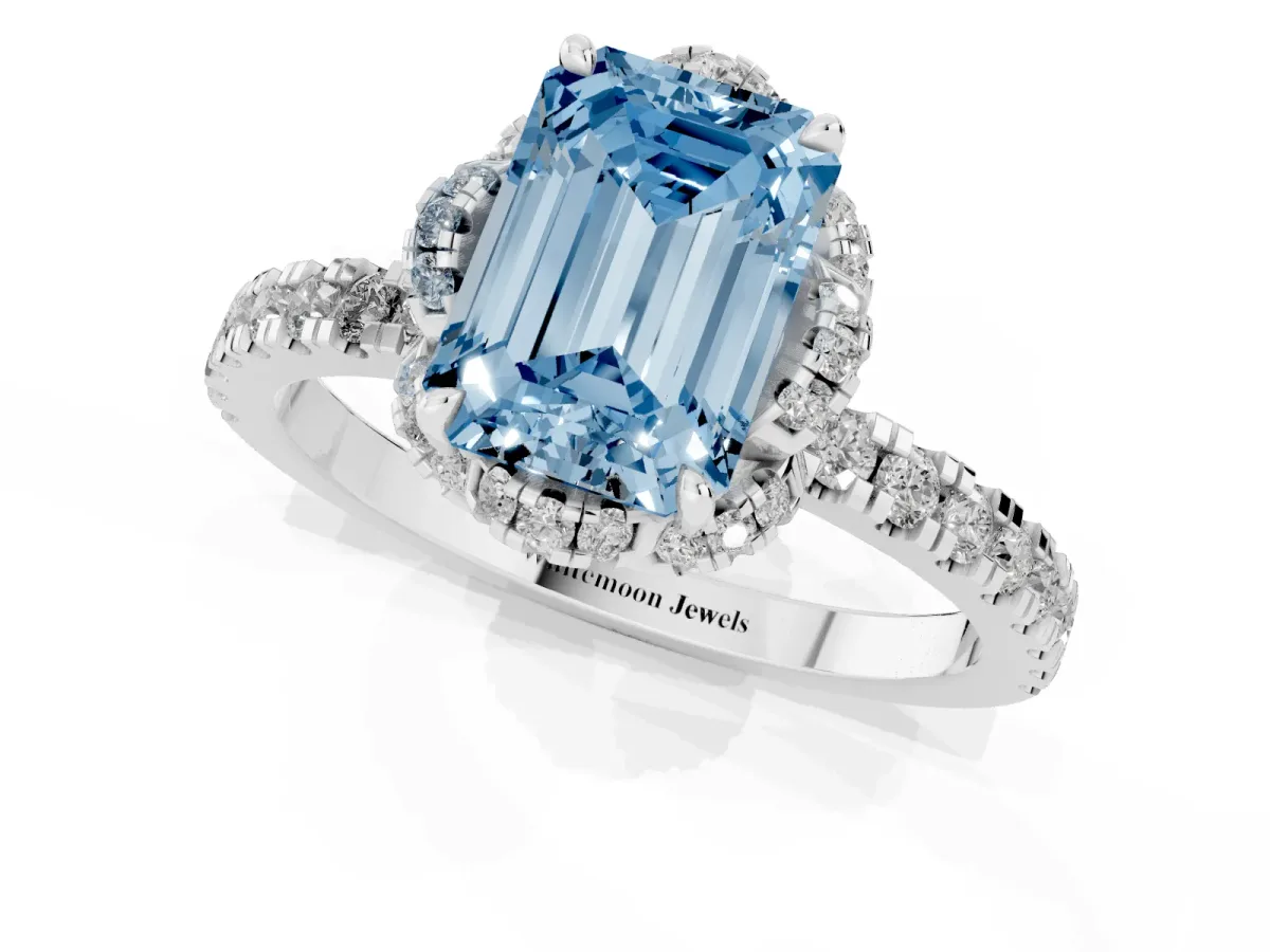 Fancy Blue Emerald Cut Diamond Halo Pave Band with Four-Prong Setting Platinum