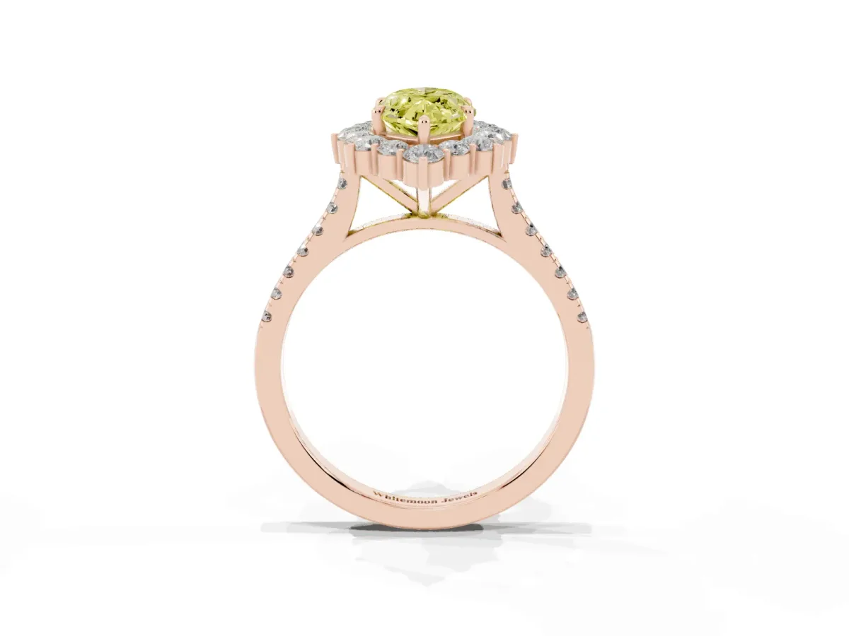 Fancy Yellow Marquise Cut Halo Diamond Ring with Pavé Band and Prong Setting Rose gold