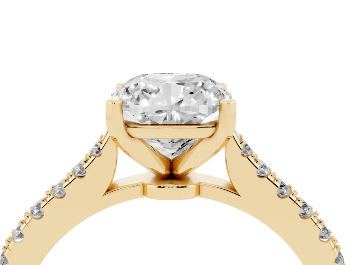 Cushion Cut Cut Solitaire Diamond Engagement Ring with Pave Band and Four-Prong Setting Yellow gold