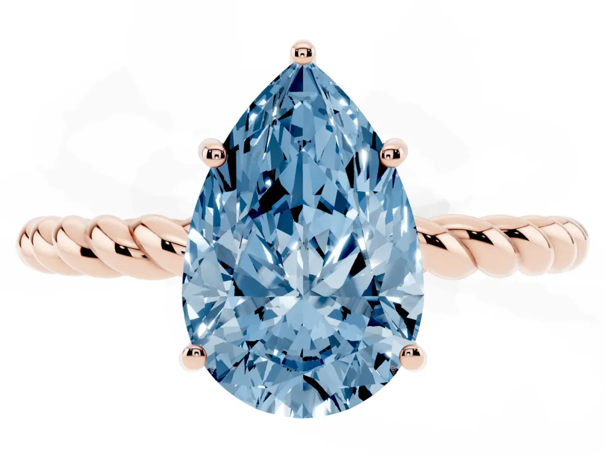 Fancy Blue Pear Cut Solitaire Twist Band Ring with Four-Prong Setting Rose gold