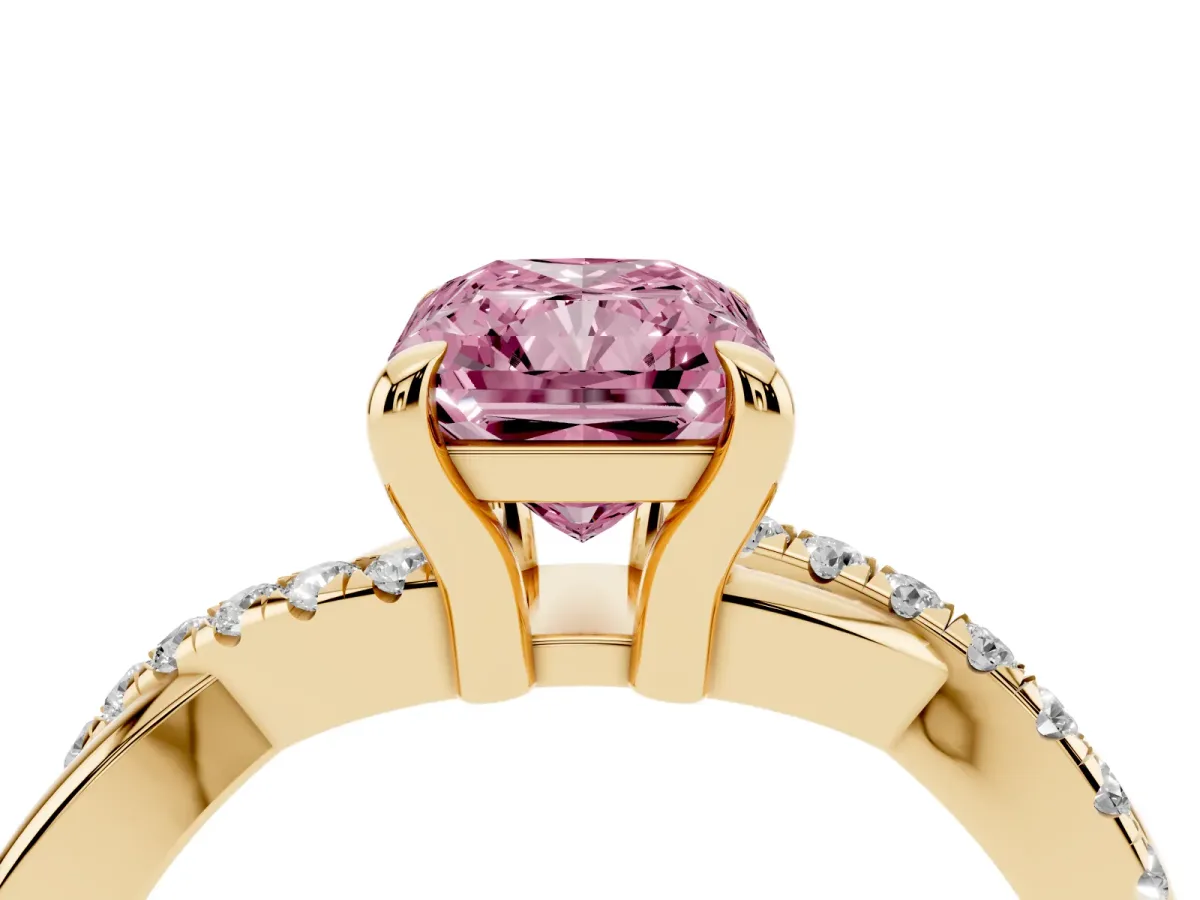 Fancy Pink Radiant Cut Cut Diamond Twist Band Solitaire with Prong Setting Yellow gold