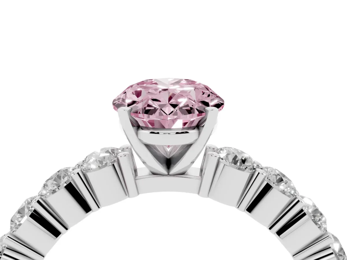 Fancy Pink Oval Cut Diamond Solitaire Ring with Shared Prong Round Side Stones Silver
