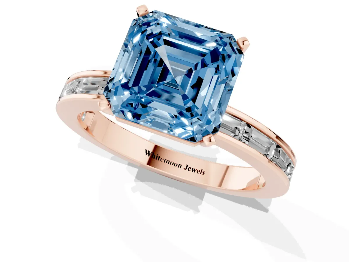 Fancy Blue Asscher Cut Solitaire Diamond Ring with Channel-Set Baguette Band and Four-Prong Setting Rose gold