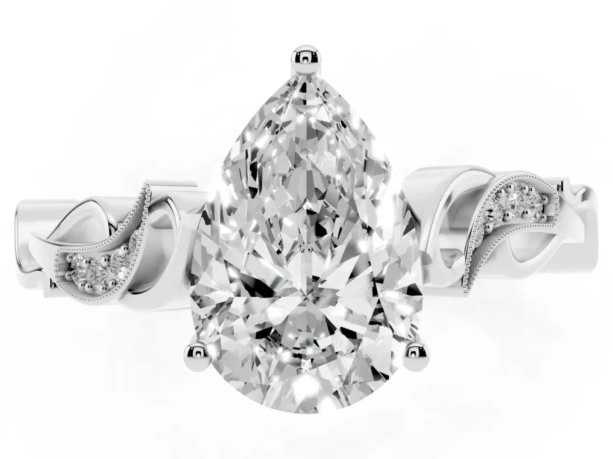 Pear Cut Solitaire Vine Band with Milgrain Prong Setting Silver