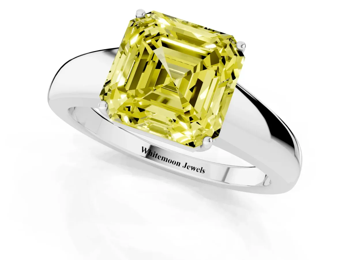 Fancy Yellow Asscher Cut Solitaire Diamond Ring with Tapered Band and Four-Prong Setting Silver