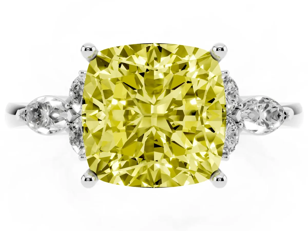 Fancy Yellow Cushion Cut Brilliant Diamond Solitaire Ring with Pear Side Stones and Four-Prong Setting Platinum
