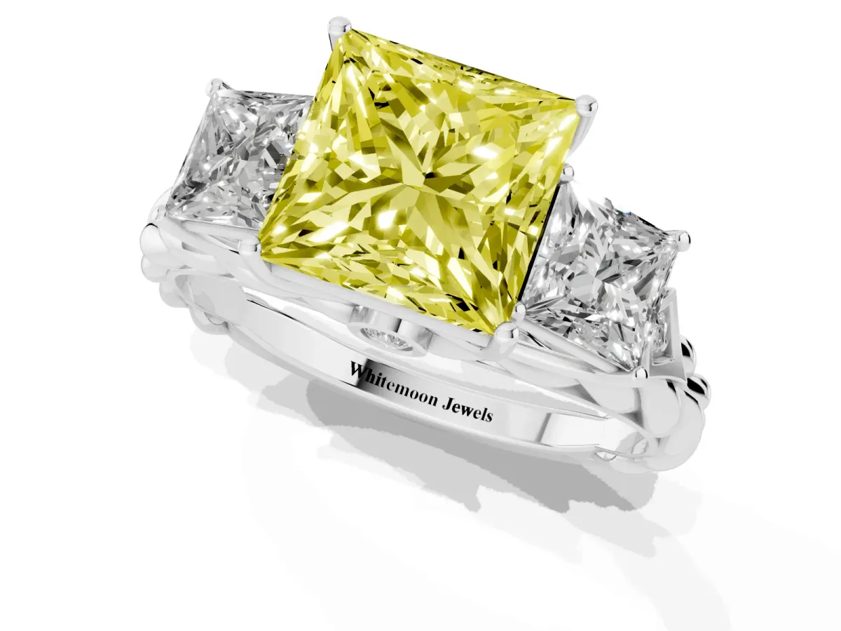 Fancy Yellow Three-Stone Princess Cut Diamond Braided Band Ring with Four-Prong Setting Silver