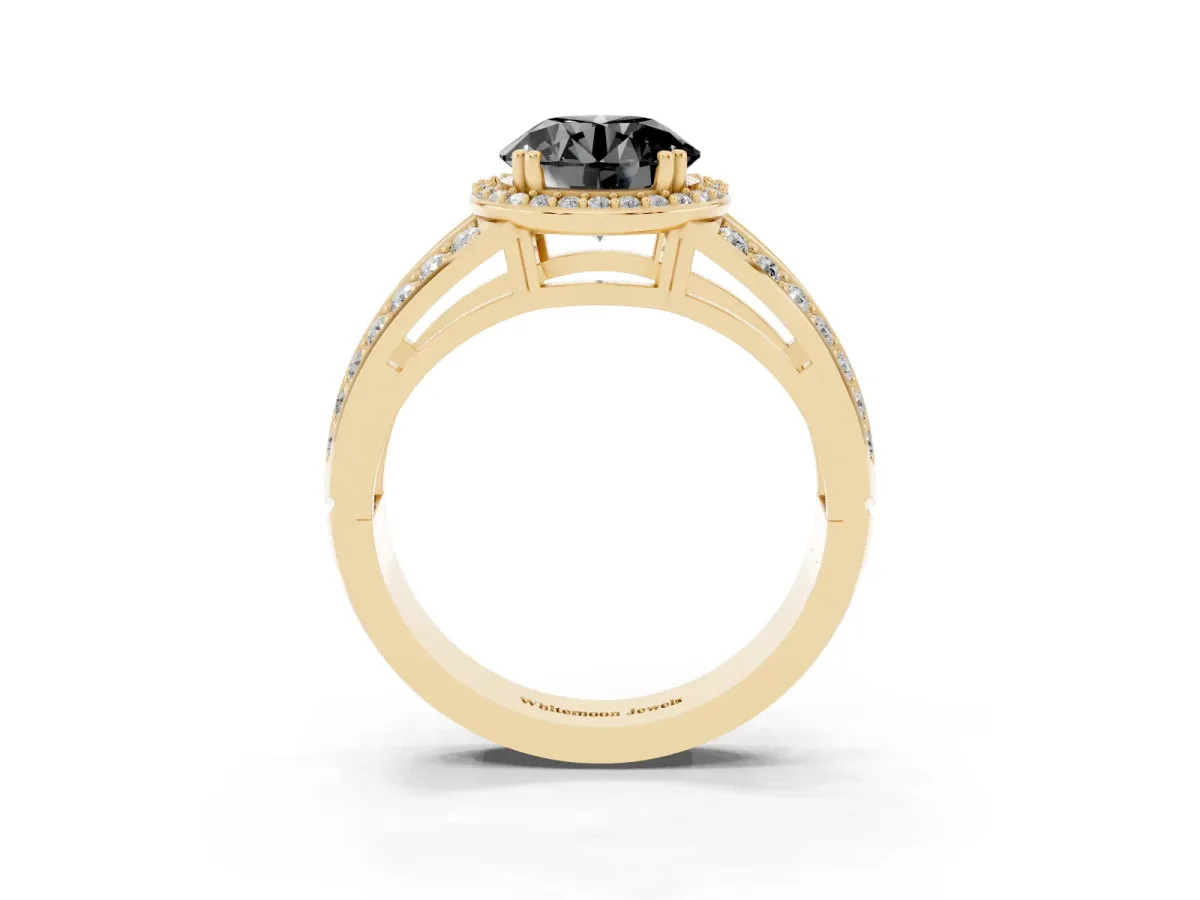 Fancy Black Round Cut Diamond Halo Ring with Split Shank Pavé Band and Four-Prong Setting Yellow gold
