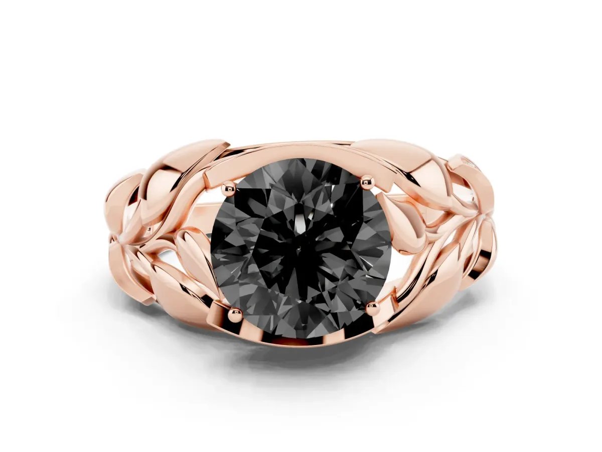 Fancy Black Round Cut Diamond Leaf-Inspired Engagement Ring with Round Accents and Prong Setting Rose gold