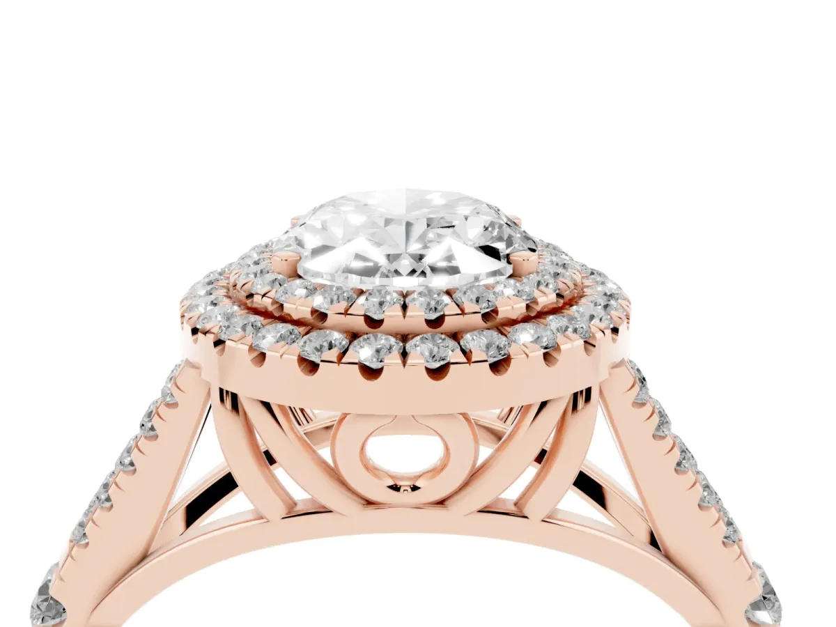 Double Halo Oval Cut Diamond Split Shank Engagement Ring with Four-Prong Setting Rose gold