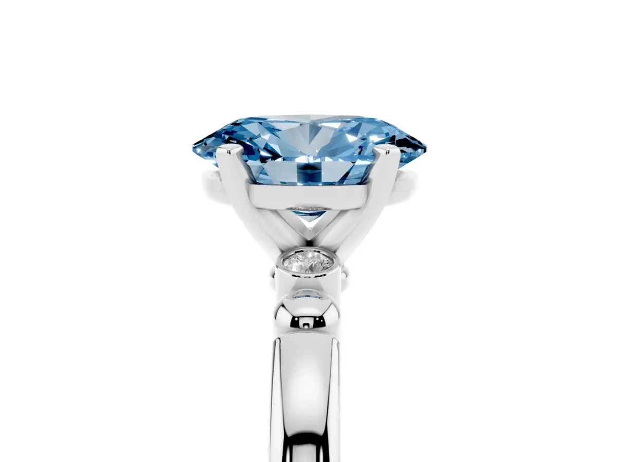 Fancy Blue Oval Cut Solitaire Beaded Band with Four-Prong Setting White gold
