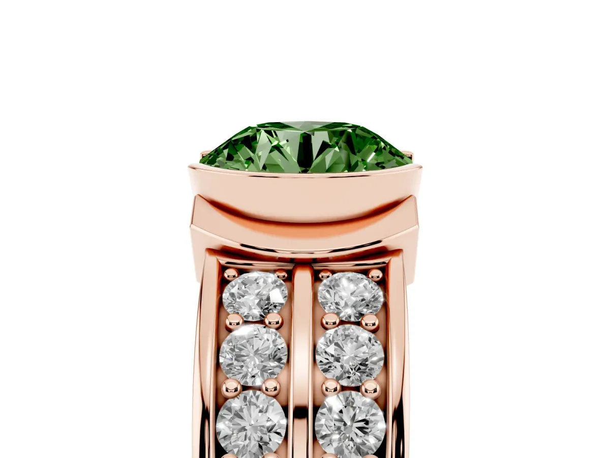 Fancy Green Round Cut Brilliant Diamond Channel Set Wide Band Ring with Bezel Setting Rose gold