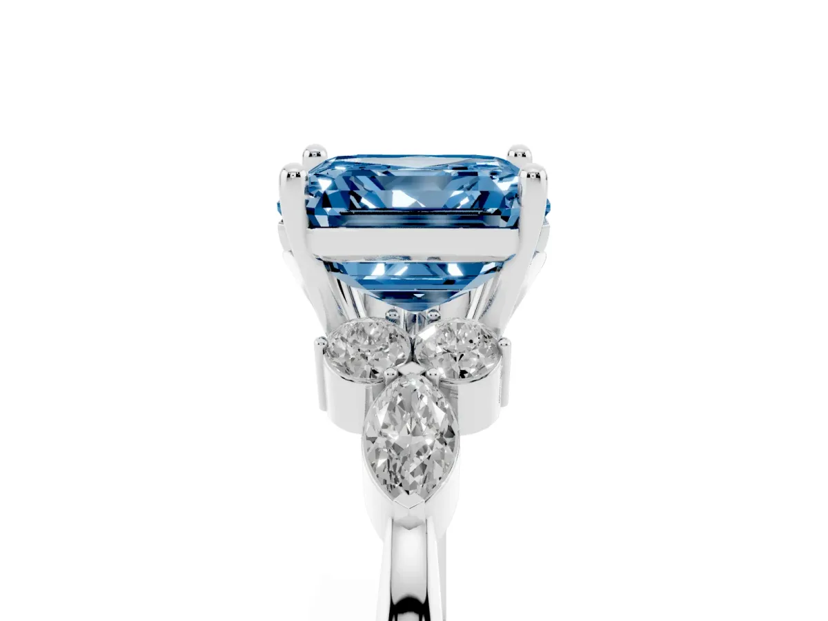Fancy Blue Asscher Cut Brilliant Diamond Solitaire Ring with Pear Side Stones and Four-Prong Setting Silver