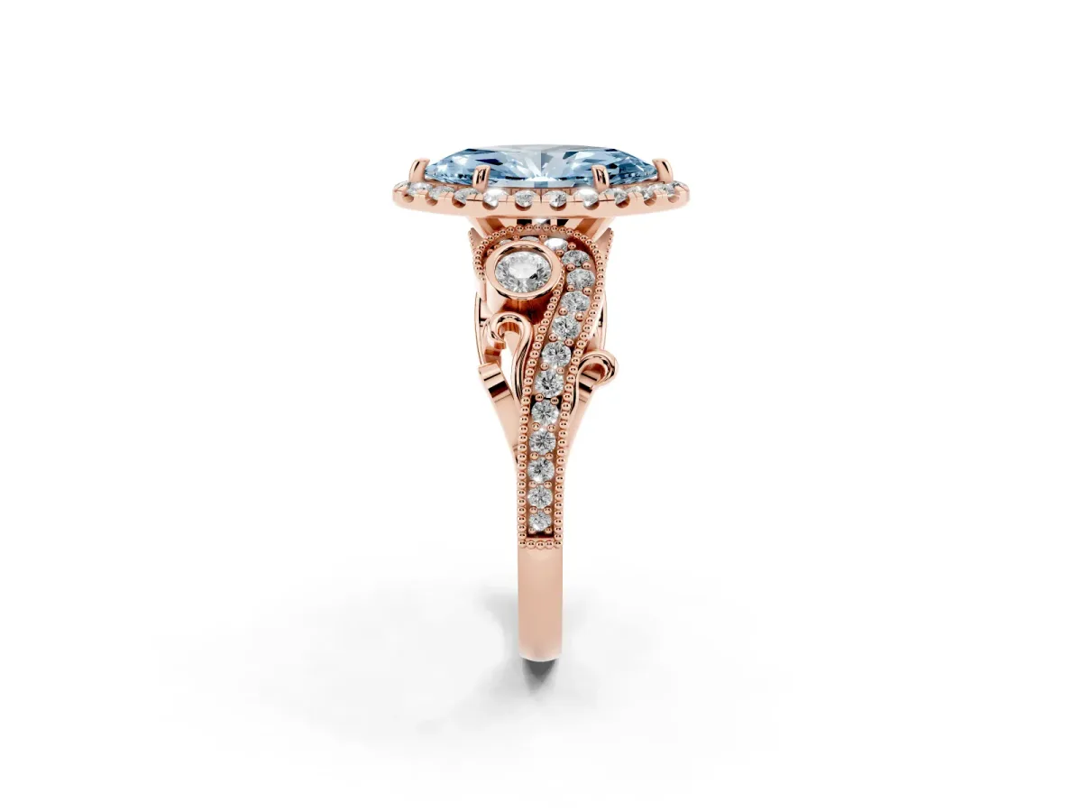 Fancy Blue Marquise Cut Halo Diamond Ring with Milgrain and Bezel Accents on a Split Shank Band Rose gold