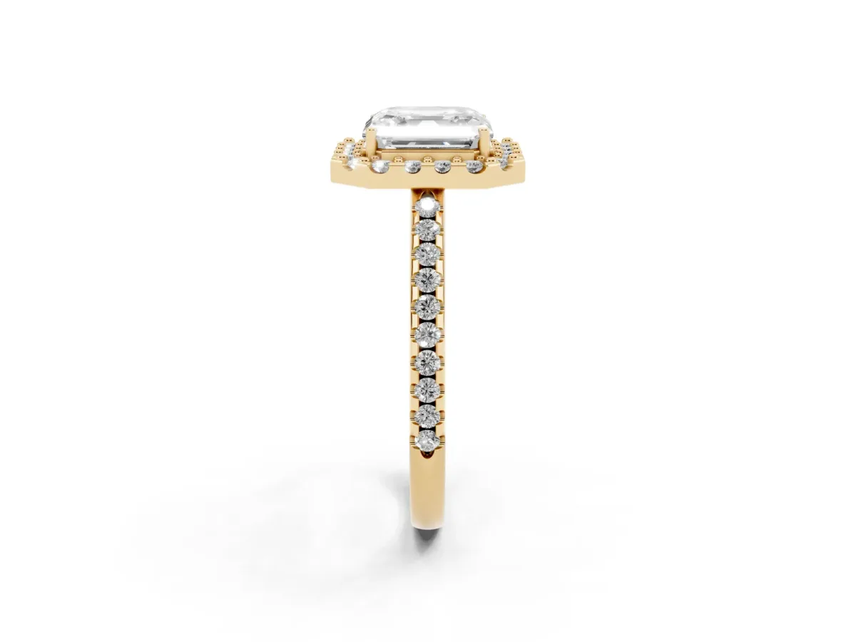 Asscher Cut Diamond Pavé Halo Ring with Four-Prong Setting Yellow gold