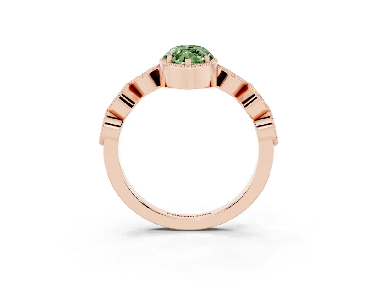 Fancy Green Marquise Cut Diamond Vintage Milgrain Ring with Round Stations Rose gold
