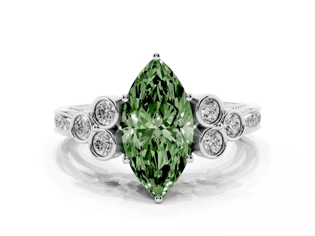 Fancy Green Marquise Cut Cut Diamond Engagement Ring with Bezel Set Round Side Stones and Prong Setting Silver