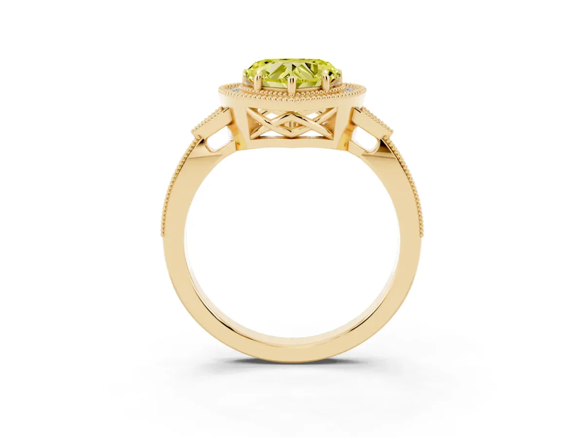 Fancy Yellow Heart Cut Halo Round Diamond Milgrain Pave Engagement Ring Yellow gold