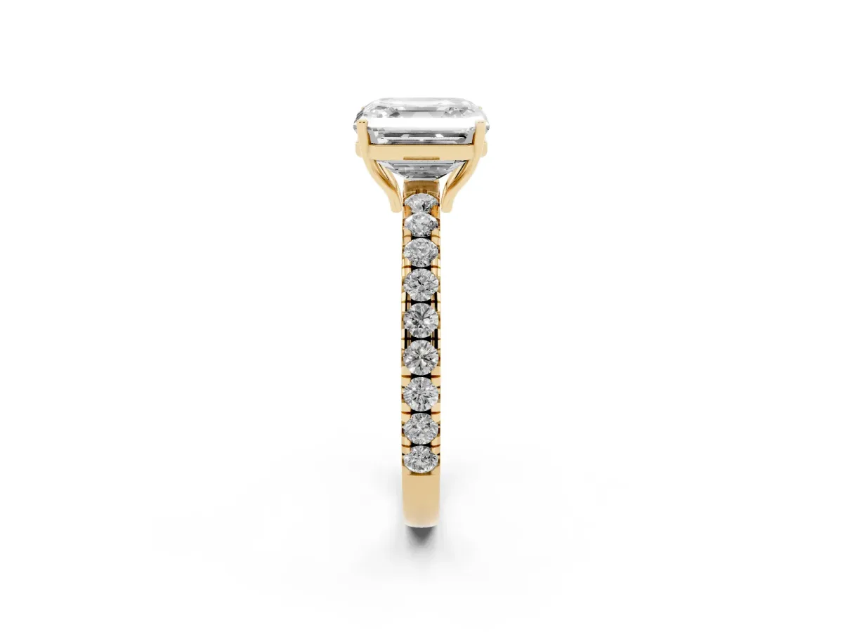 Asscher Cut Diamond Pavé Solitaire Engagement Ring with Four-Prong Setting Yellow gold