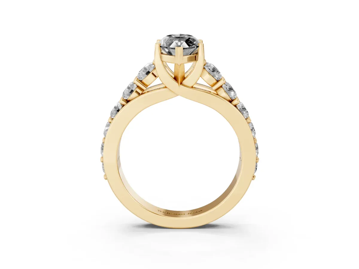 Fancy Black Marquise Cut Diamond Engagement Ring with Pavé Band and Four-Prong Setting Yellow gold