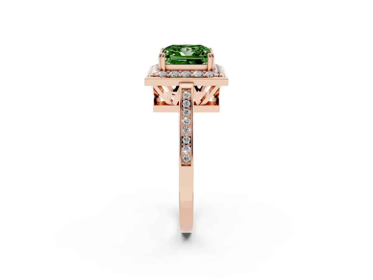 Fancy Green Princess Cut Diamond Halo Ring with Split Shank and Four-Prong Setting Rose gold