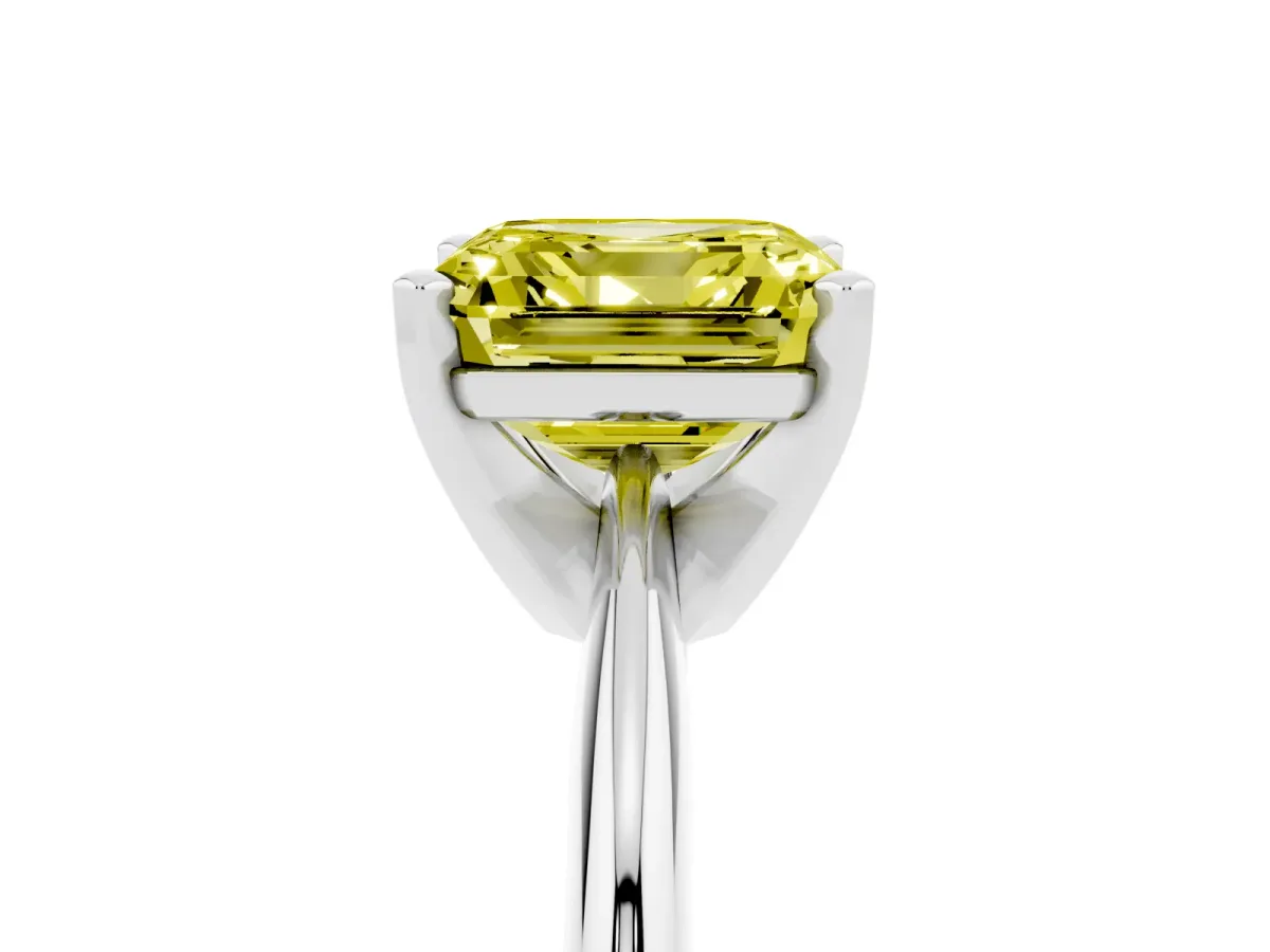 Fancy Yellow Asscher Cut Cut Solitaire Ring with Four-Prong Setting on a Classic Band Silver